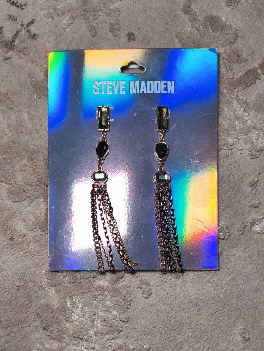 Steve Madden Gold-Tone Chain Tassel Earrings with Black Stones N18